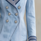 Women's Light Blue Denim Blazer Nautical Striped Lapel Double-Breasted Cropped Jacket