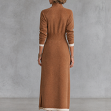 Women's Retro Color-Block Raglan-Sleeve Maxi Dress With Trim And Zip-Up Stand Collar MDZ2180H2WY