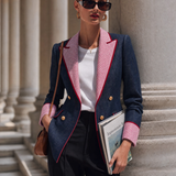 Retro Color-blocking Checked Peak-lapel X-line Blazer