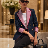 Retro Color-blocking Checked Peak-lapel X-line Blazer