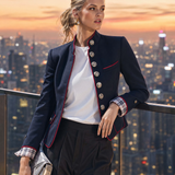 Elegant And Classic Stand Collar Checkered Cuffs Dark Blue Jacket