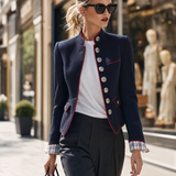 Elegant And Classic Stand Collar Checkered Cuffs Dark Blue Jacket