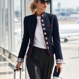 Elegant And Classic Stand Collar Checkered Cuffs Dark Blue Jacket