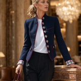 Elegant And Classic Stand Collar Checkered Cuffs Dark Blue Jacket
