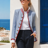 Elegant Vintage Ruffled Stand Collar Lace Trim Blue And White Striped Jacket