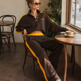Retro Sportswear Dark Brown Cotton Stand-collar Top And Pants Set