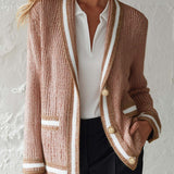 Old Money Dusty Pink Knit Cardigan Contrast Stripe Trim Gold Button Pockets