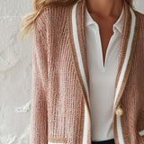 Old Money Dusty Pink Knit Cardigan Contrast Stripe Trim Gold Button Pockets