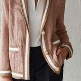 Old Money Dusty Pink Knit Cardigan Contrast Stripe Trim Gold Button Pockets