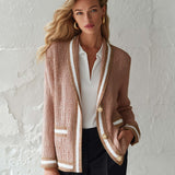 Old Money Dusty Pink Knit Cardigan Contrast Stripe Trim Gold Button Pockets