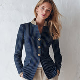 Classic Navy Striped Stand-Collar Single-Breasted Jacket