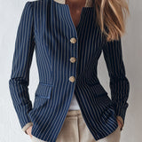 Classic Navy Striped Stand-Collar Single-Breasted Jacket