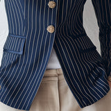 Classic Navy Striped Stand-Collar Single-Breasted Jacket