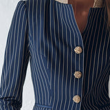 Classic Navy Striped Stand-Collar Single-Breasted Jacket