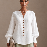 Women's Button Casual Cotton Linen V-Neck Lantern Sleeve Top MDZ2131H3GMJ