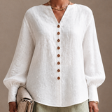 Women's Button Casual Cotton Linen V-Neck Lantern Sleeve Top MDZ2131H3GMJ