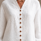 Women's Button Casual Cotton Linen V-Neck Lantern Sleeve Top MDZ2131H3GMJ