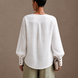 Women's Button Casual Cotton Linen V-Neck Lantern Sleeve Top MDZ2131H3GMJ