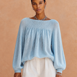 Women's Ruched Casual Knit Crew Neck Lantern Sleeve Top MDZ2186H3GMJ