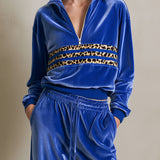 Fashionable Leopard Print Striped Half-zip Royal Blue Velvet Sweatshirt And Pants Set