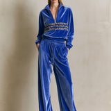 Fashionable Leopard Print Striped Half-zip Royal Blue Velvet Sweatshirt And Pants Set