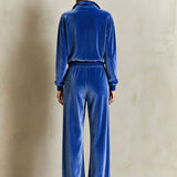 Fashionable Leopard Print Striped Half-zip Royal Blue Velvet Sweatshirt And Pants Set