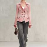 Pink Washed Denim Jacket Frayed Distressed Double-breasted Slim-fit Lapel Suit