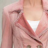 Pink Washed Denim Jacket Frayed Distressed Double-breasted Slim-fit Lapel Suit