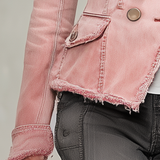 Pink Washed Denim Jacket Frayed Distressed Double-breasted Slim-fit Lapel Suit