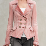 Pink Washed Denim Jacket Frayed Distressed Double-breasted Slim-fit Lapel Suit