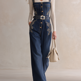 American Utility Belted Embroidered Denim Suspender Jumpsuit