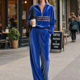 Fashionable Leopard Print Striped Half-zip Royal Blue Velvet Sweatshirt And Pants Set