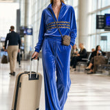 Fashionable Leopard Print Striped Half-zip Royal Blue Velvet Sweatshirt And Pants Set