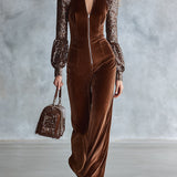 Vintage-style Brown Velvet Sequined Raglan-sleeve Front-zip Wide-leg Jumpsuit