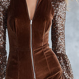 Vintage-style Brown Velvet Sequined Raglan-sleeve Front-zip Wide-leg Jumpsuit