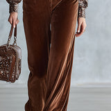 Vintage-style Brown Velvet Sequined Raglan-sleeve Front-zip Wide-leg Jumpsuit
