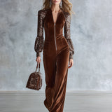 Vintage-style Brown Velvet Sequined Raglan-sleeve Front-zip Wide-leg Jumpsuit