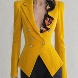 Vintage-style Casual-chic Velvet Blazer With A Ruffled Neckline And Print