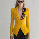 Vintage-style Casual-chic Velvet Blazer With A Ruffled Neckline And Print