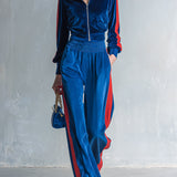 Women's Sporty Style Contrast-Trim Velvet Zip-Up Jacket & Wide-Leg Pants Two-Piece Set