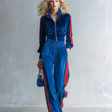 Women's Sporty Style Contrast-Trim Velvet Zip-Up Jacket & Wide-Leg Pants Two-Piece Set