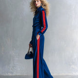 Women's Sporty Style Contrast-Trim Velvet Zip-Up Jacket & Wide-Leg Pants Two-Piece Set