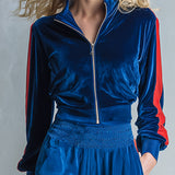 Women's Sporty Style Contrast-Trim Velvet Zip-Up Jacket & Wide-Leg Pants Two-Piece Set