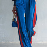 Women's Sporty Style Contrast-Trim Velvet Zip-Up Jacket & Wide-Leg Pants Two-Piece Set