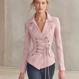 Pink Washed Denim Jacket Women Lace-Up Corset Waist Fitted Peplum Blazer