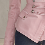 Pink Washed Denim Jacket Women Lace-Up Corset Waist Fitted Peplum Blazer