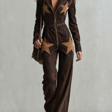 Casual Fashion Lapel Front Zipper Star-shaped Suede Patch Dark Brown Denim Jumpsuit