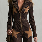 Casual Fashion Lapel Front Zipper Star-shaped Suede Patch Dark Brown Denim Jumpsuit