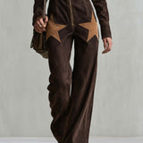 Casual Fashion Lapel Front Zipper Star-shaped Suede Patch Dark Brown Denim Jumpsuit
