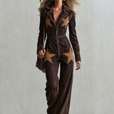 Casual Fashion Lapel Front Zipper Star-shaped Suede Patch Dark Brown Denim Jumpsuit